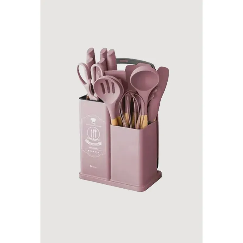 Conjunto Utensilios California 19 Pecas em Silicone Rosa 7629 Kehome