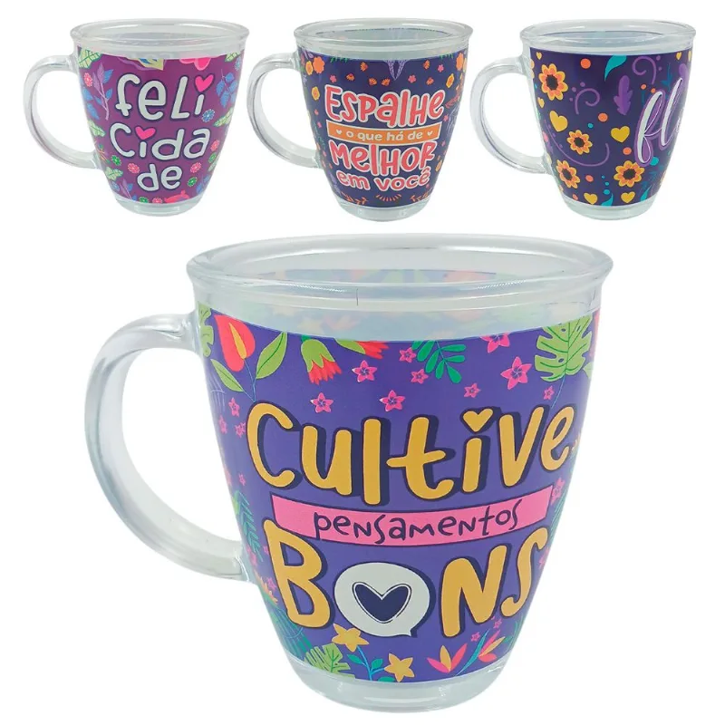 Caneca Flores 380ml em Vidro Kehome SORTIDOS