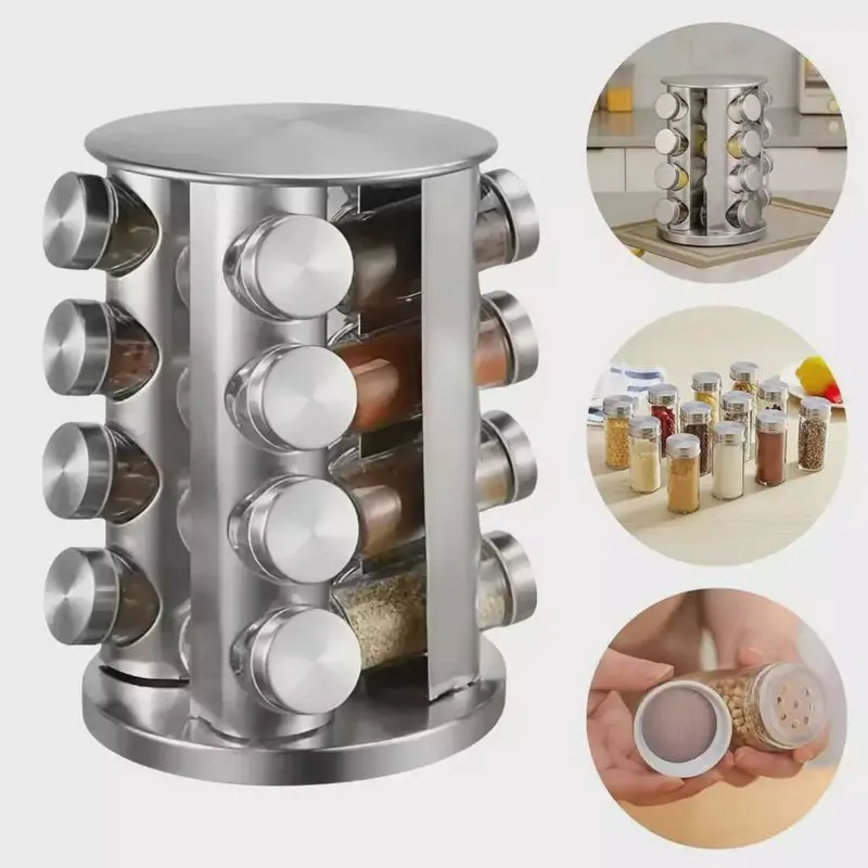 Conjunto Porta Condimentos com Suporte em Aço Inox Giratório (16 Peças) - Temperos Chás Sementes - Mantimentos