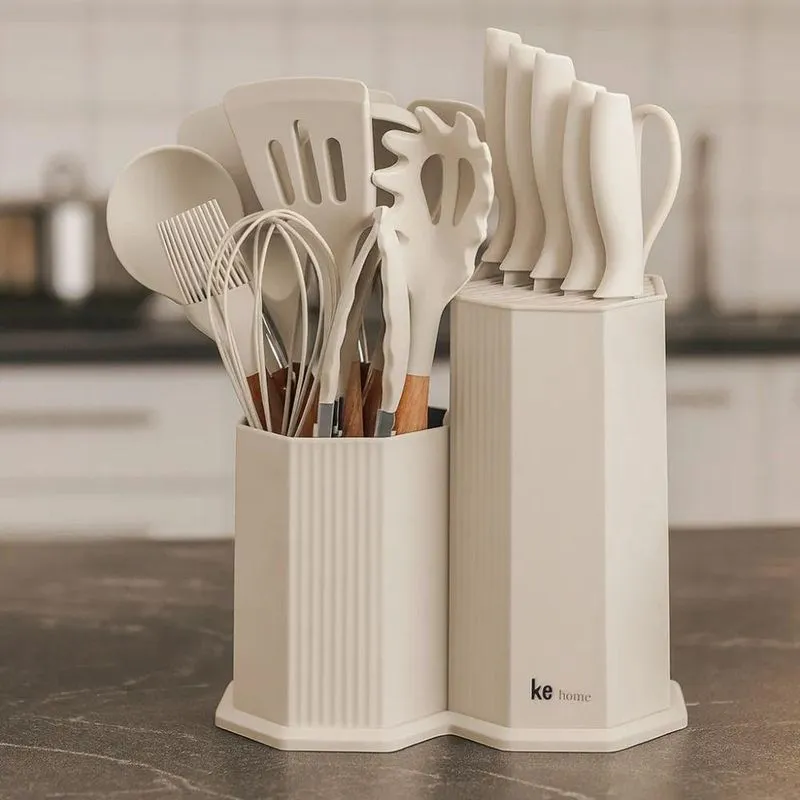 Kit Utensilios Para Cozinha Maldivas 18 Peças Em Plastico Creme Kehome