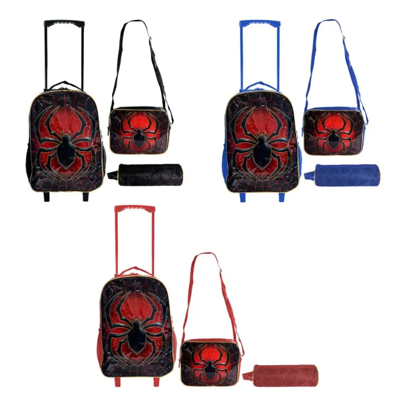 Kit Mochila Infantil Escolar Com 3 Peças De Aranha Vermelho, Azul E Preto - Sortidas