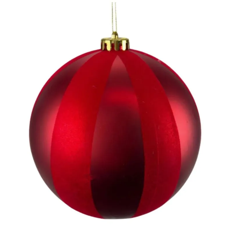 Bola De Natal Vermelha Listra Veludo 15cm Decoração Árvore