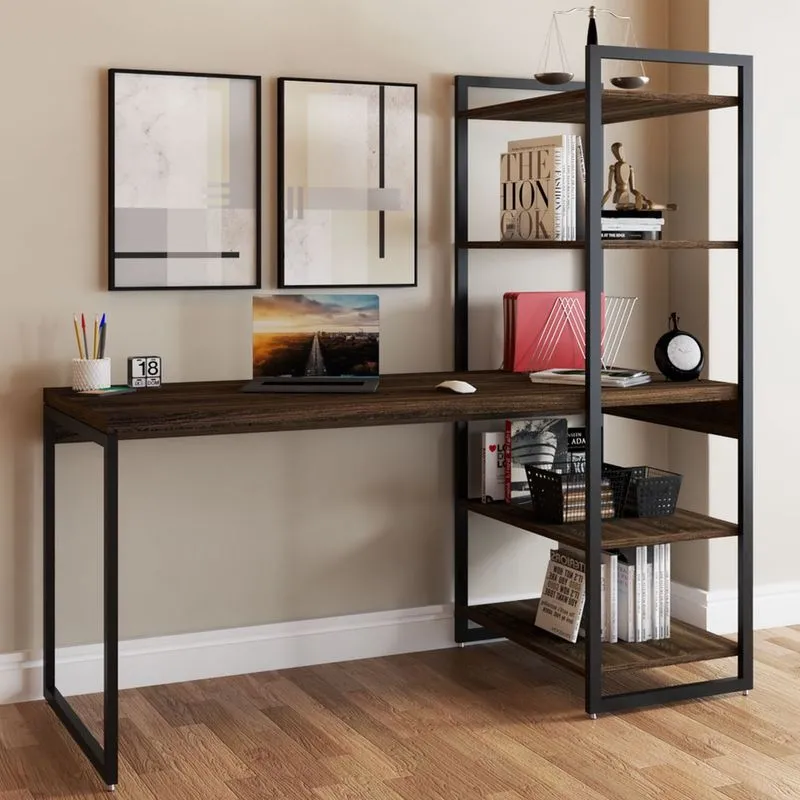 Mesa Escrivaninha Flex Industrial Aço 4 Prateleiras Carvalho Dark/preto -