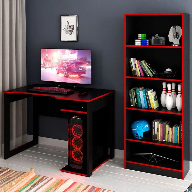 Quarto Gamer 4 Prateleiras Preto/vermelho - Pnr Móveis
