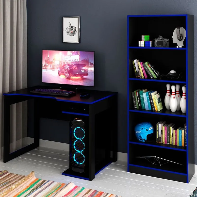 Quarto Gamer 4 Prateleiras Preto/azul - Pnr Móveis