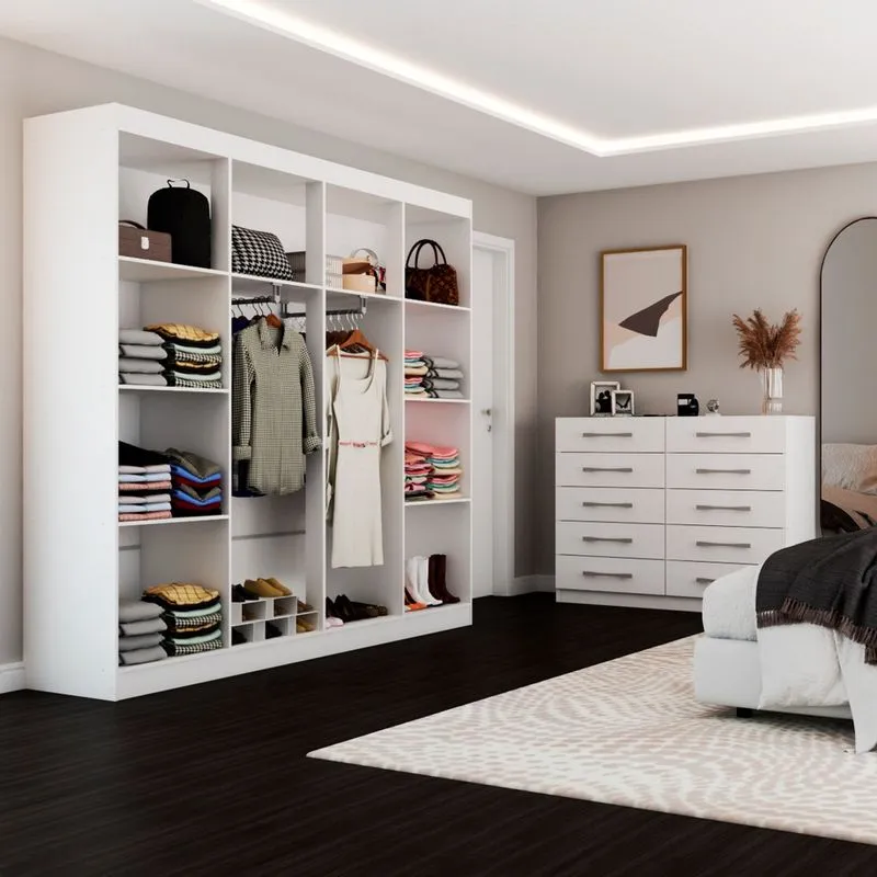Quarto De Casal Ele E Ela Closet 8 Prateleiras Cômoda 10 Gavetas Branco -