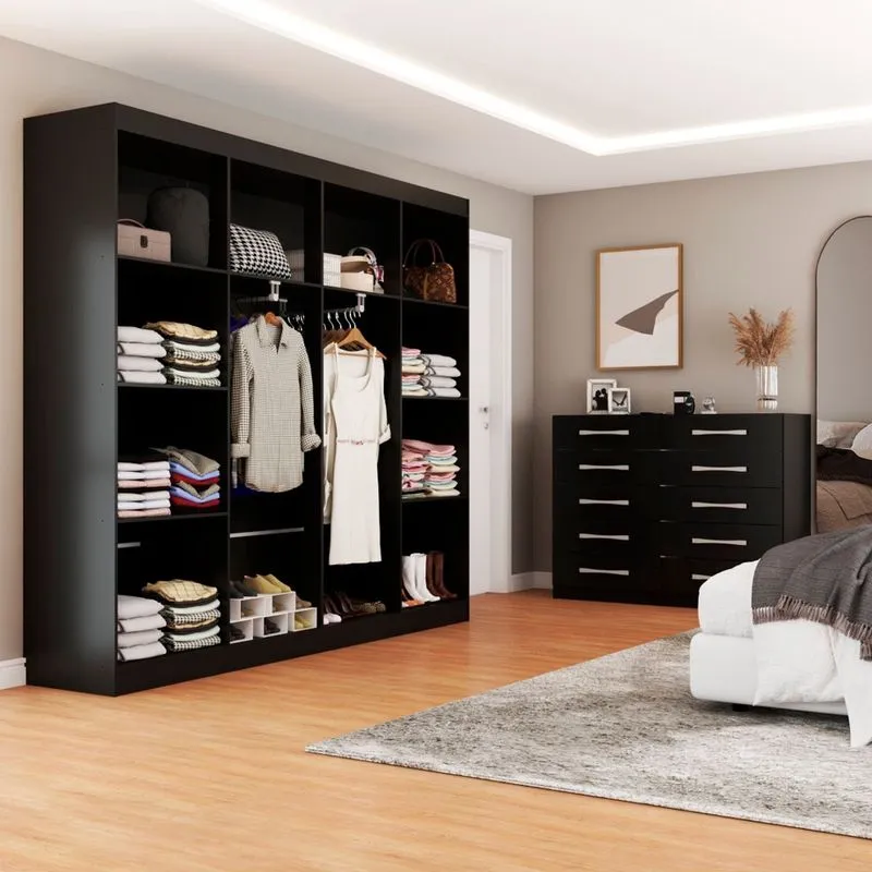 Quarto De Casal Ele E Ela Closet 8 Prateleiras Cômoda 10 Gavetas Preto -