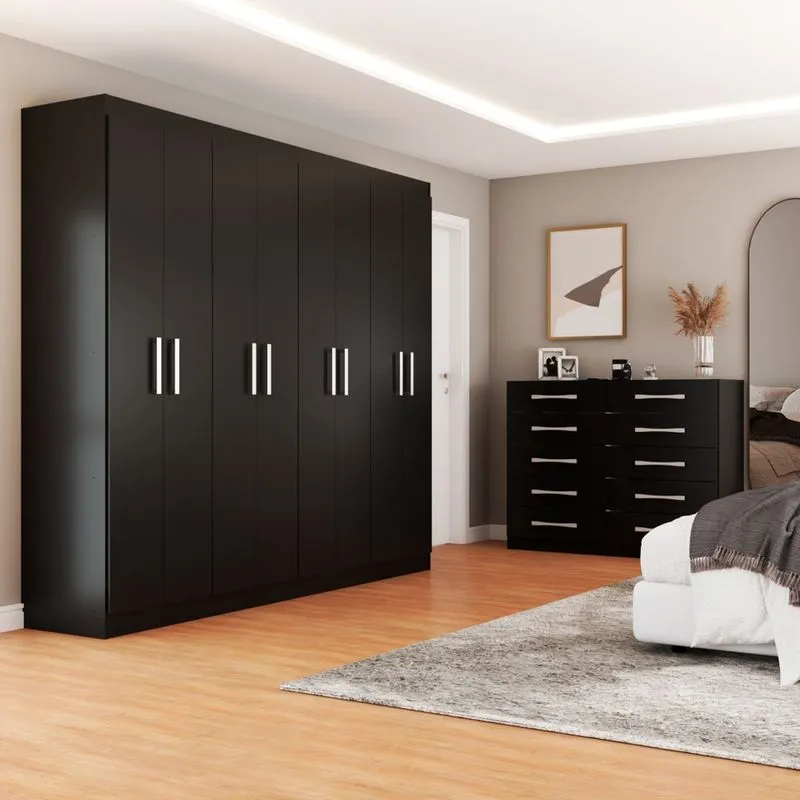 Guarda-roupa Casal Ele E Ela 8 Portas 8 Prateleiras E Cômoda 10 Gavetas Preto -
