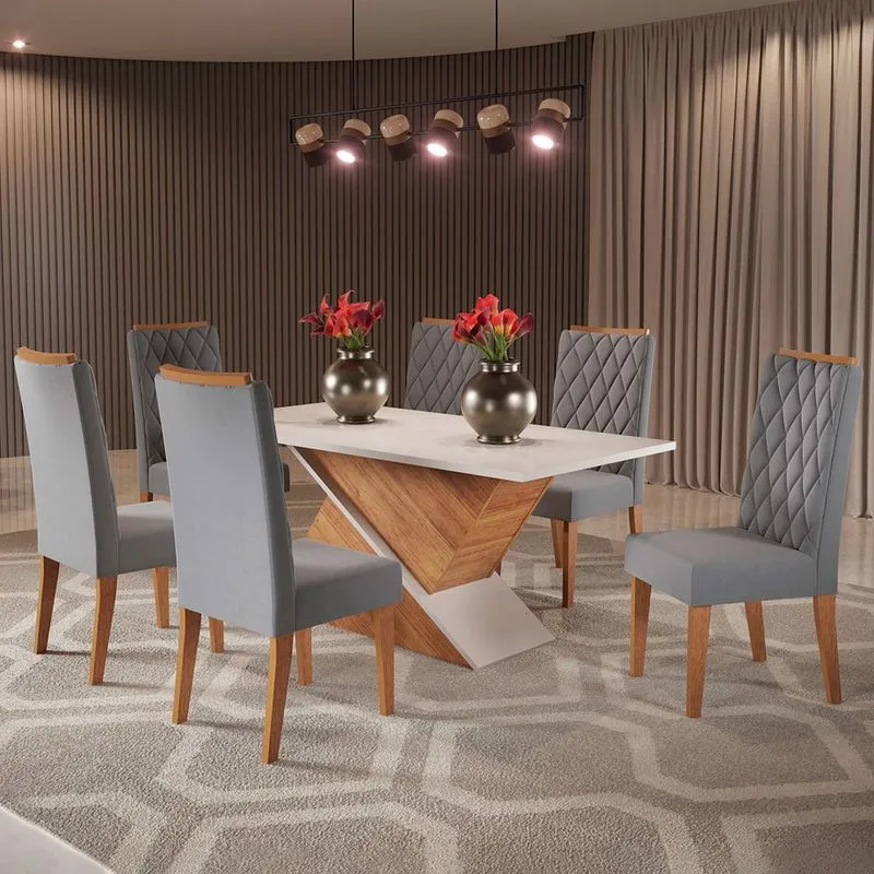 Mesa De Jantar 6 Lugares Poliana Mel/blonde/veludo Cinza - Panorama Móveis