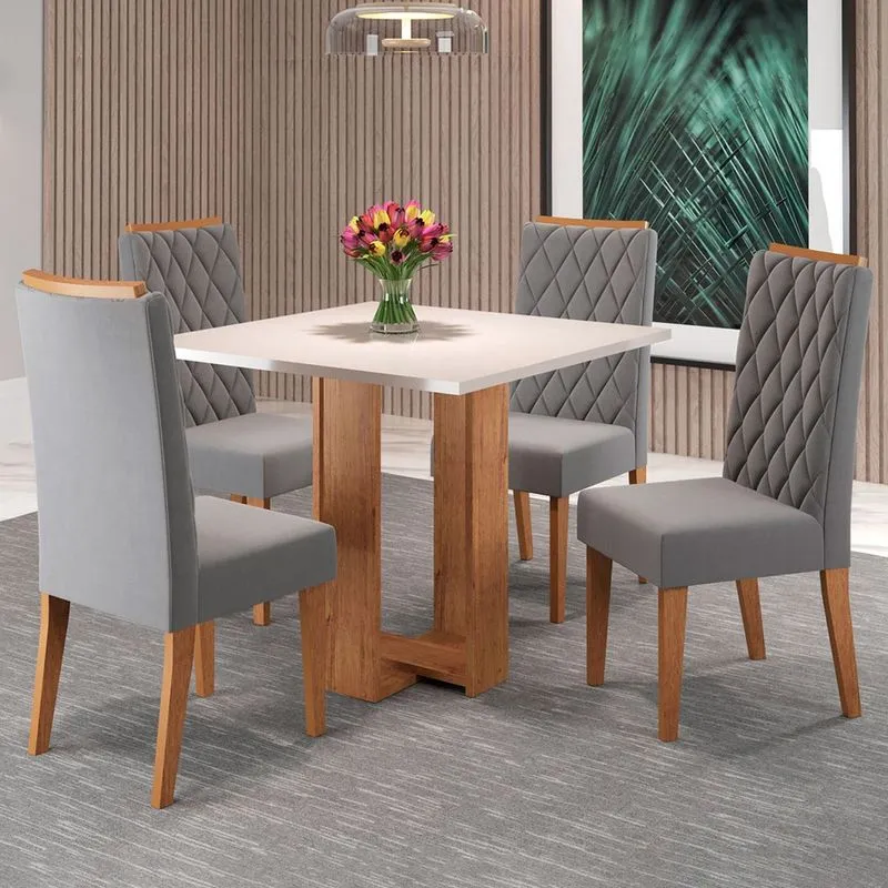 Mesa De Jantar 4 Lugares Charlotte Mel/blonde/veludo Cinza - Panorama Móveis