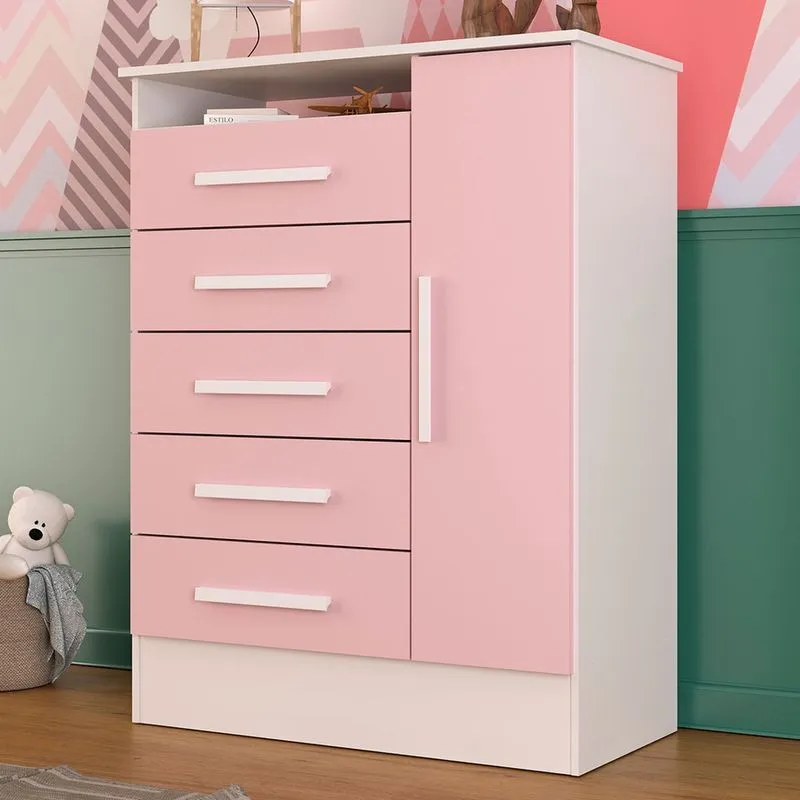 Cômoda Infantil Diversão 1 Porta 5 Gavetas Branco/rosa - Panorama Móveis