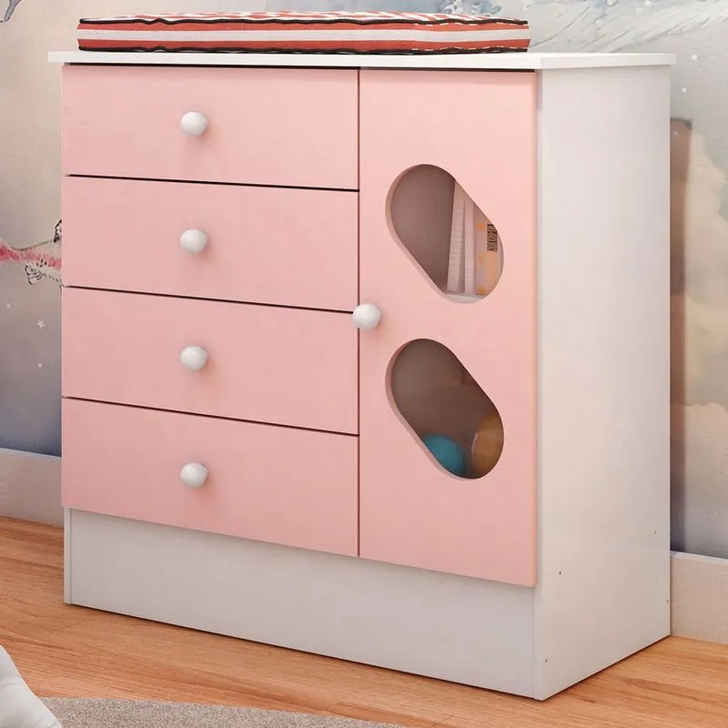 Cômoda Infantil Escotilha 1 Porta 4 Gavetas Branco/rosa - Panorama Móveis
