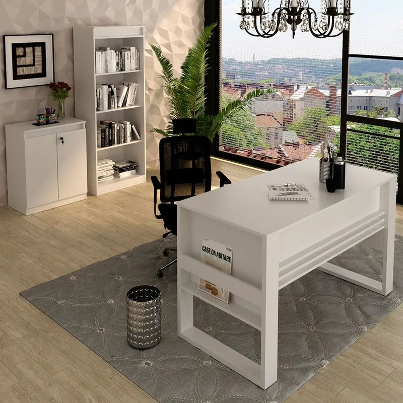 Conjunto Home Office 3 Peças 1 Mesa Com Chave, 1 Estante Para Livros E 1