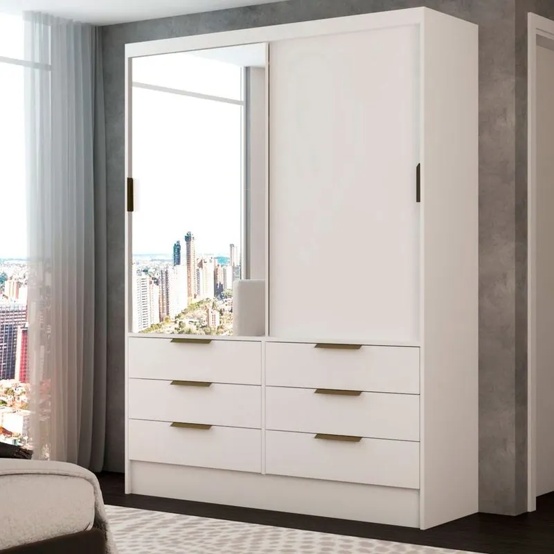 Guarda-roupa Solteiro Taylor 2 Portas De Correr 6 Gavetas Com Espelho Branco -