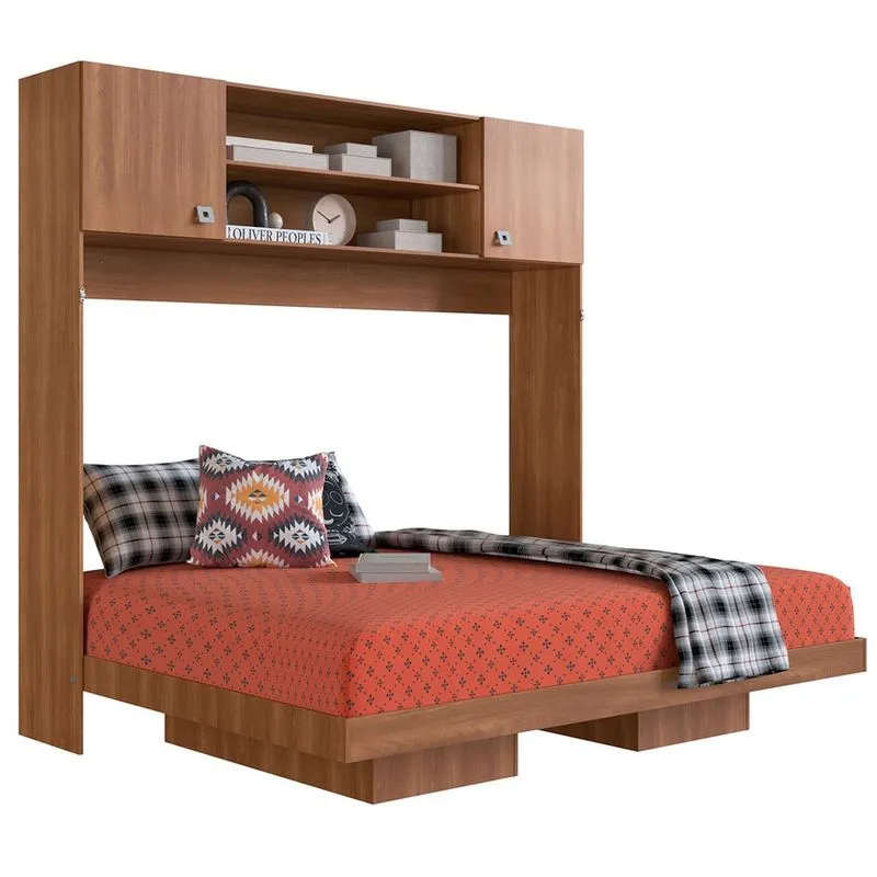 Cama De Casal Horizontal Articulável 2 Portas Com Armário Aéreo Nogal -