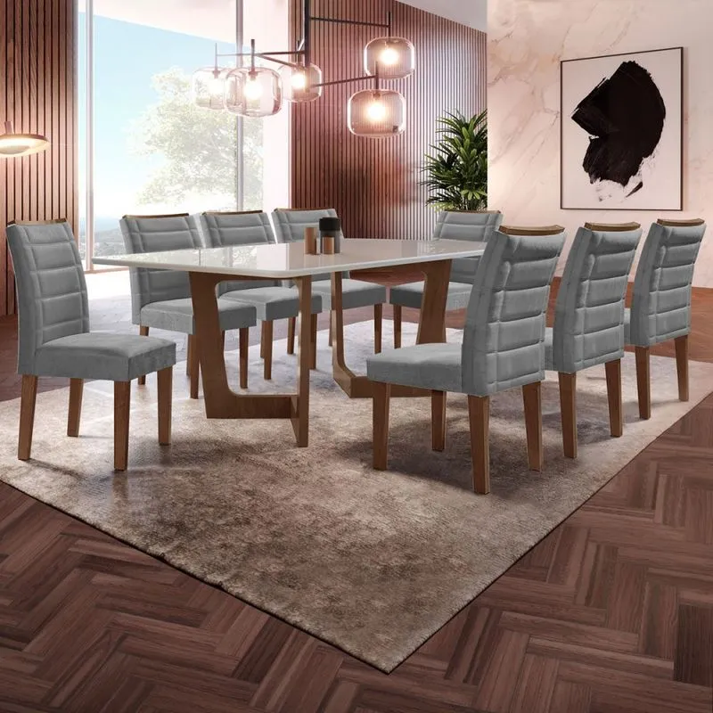 Mesa Jantar 8 Lugares Itália Vidro Chocolate/Off White/Cinza - Panorama Móveis