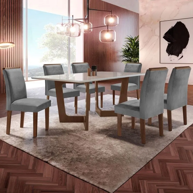 Mesa Jantar 6 Lugares Itália Vidro Chocolate/Off White/Cinza - Panorama Móveis