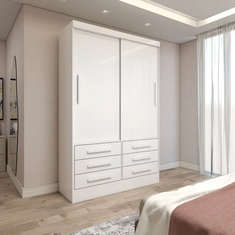 Guarda-roupa Solteiro Guaianases 2 Portas 6 Gavetas Branco - Panorama Móveis