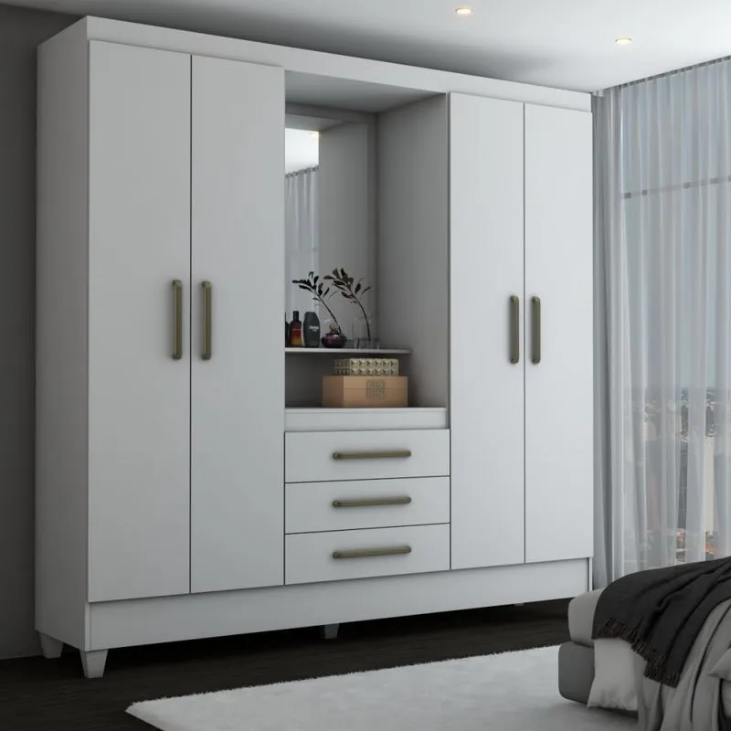 Guarda-Roupa Solteiro Capelinha 4 Portas 3 Gavetas com Espelho Flex Branco/Rosa
