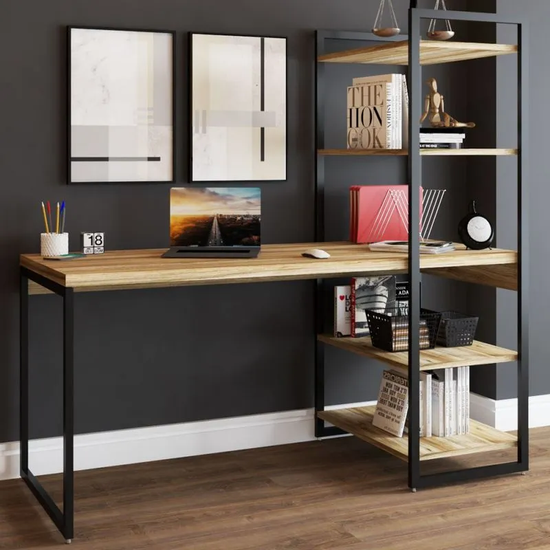 Mesa Escrivaninha Estilo Industrial Aço 4 Prateleiras Carvalho/Preto - Panorama