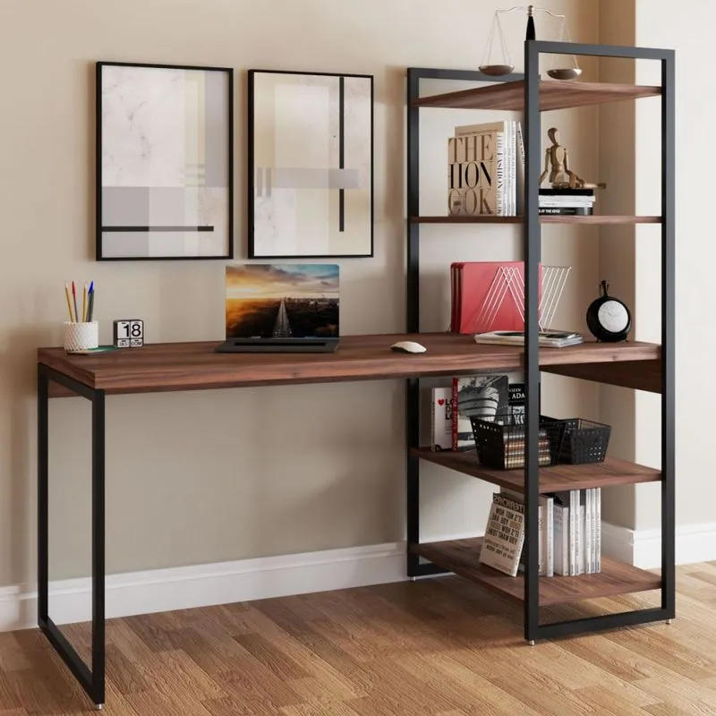Mesa Escrivaninha Estilo Industrial Aço 4 Prateleiras Nogal/Preto - Panorama