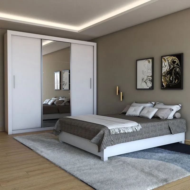 Guarda-Roupa de Casal Carol 3 Portas 4 Gavetas com Cama Branco - Panorama