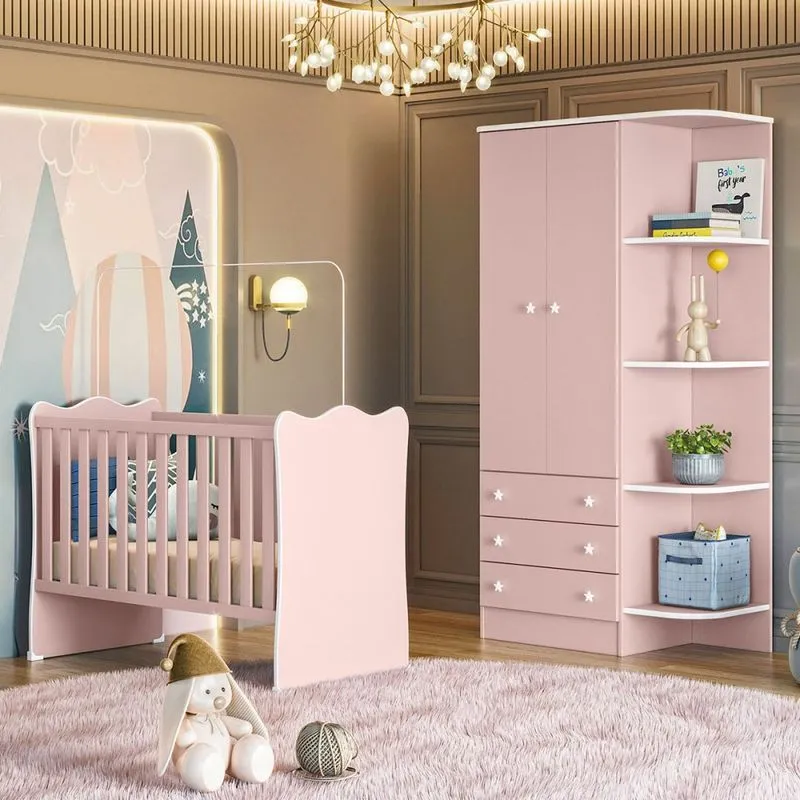 Quarto Infantil Completo Ana 2 Portas 3 Gavetas Rosa - Pnr Móveis