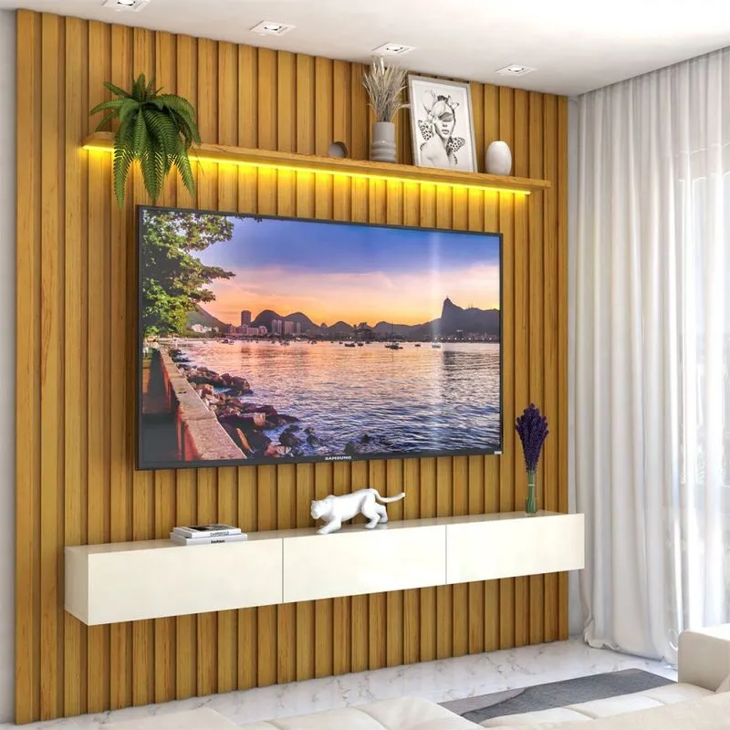 Painel para TV Até 85 Polegadas Noronha 3 Gavetas Ripado 100% Mdf Naturale/Off
