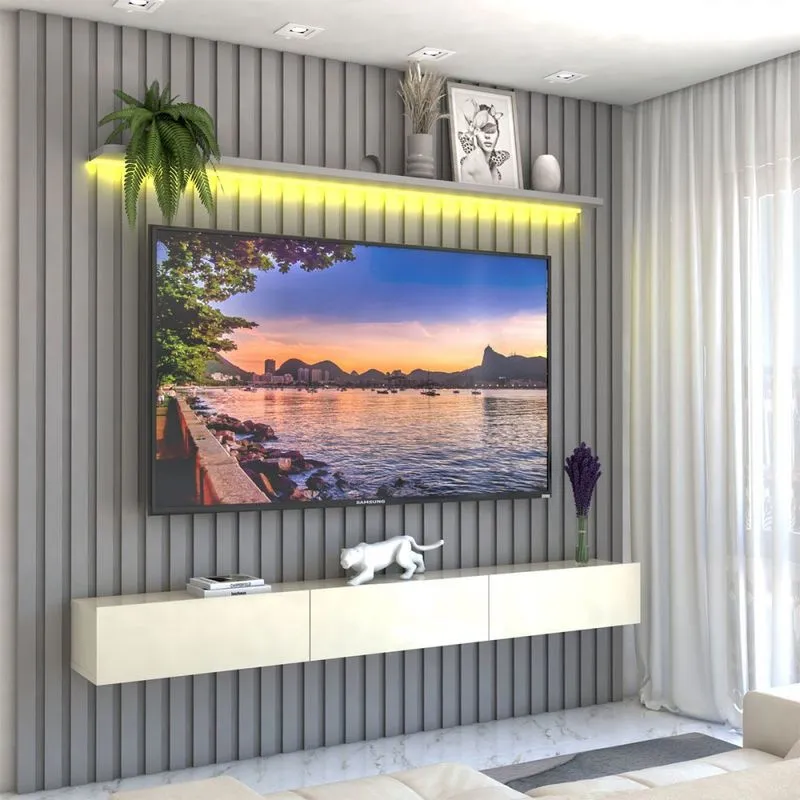 Painel para TV Até 85 Polegadas Noronha 3 Gavetas Ripado 100% Mdf Cinza/Off