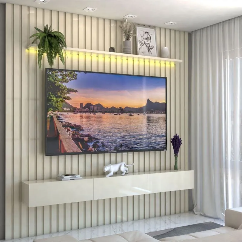 Painel para TV Até 85 Polegadas Imperial 3 Gavetas Ripado 100% Mdf Off White -