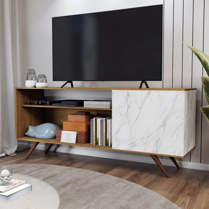 Rack para TV Até 42 Polegadas Seleto 1 Porta Amêndoa/Mármore Branco -