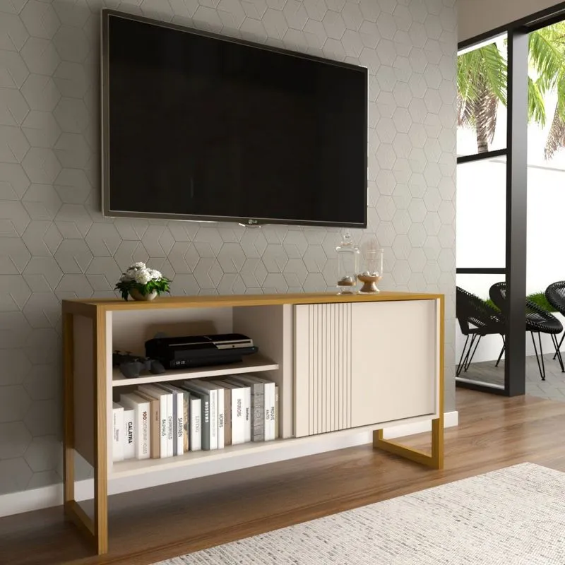 Rack para TV Até 55 Polegadas Retrô 1 Porta 1 Prateleira Cinamomo/Off White -