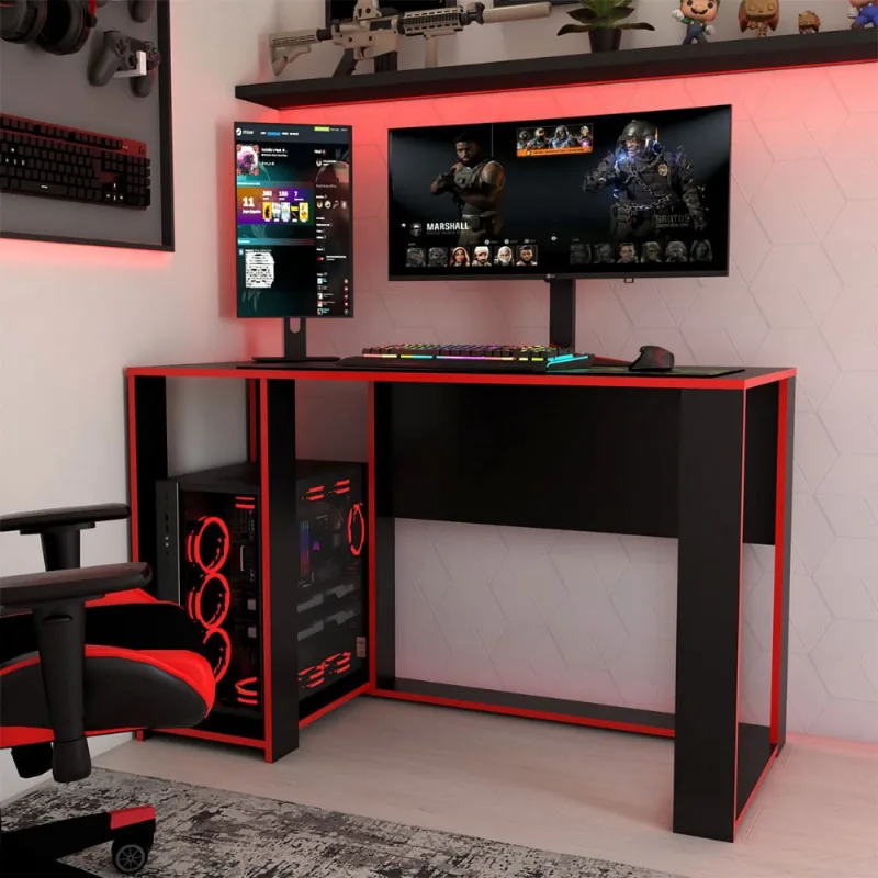 Mesa Gamer Level Espaço para 2 Monitores e Cpu Preto/Vermelho - Panorama