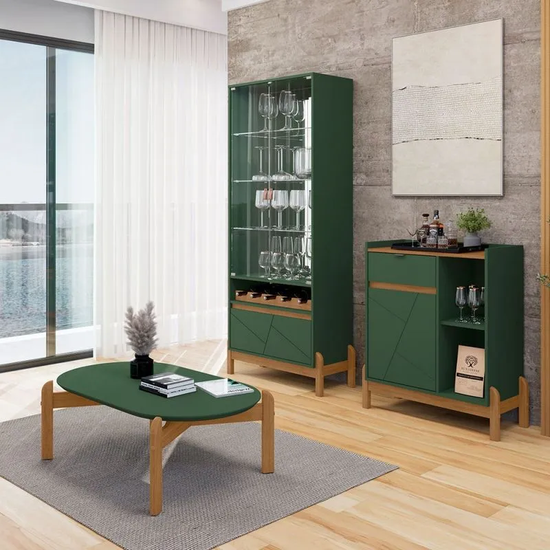 Sala de Estar Completa Bahrein 3 Portas 2 Gavetas 3 Peças Verde Oliva/Cedro -