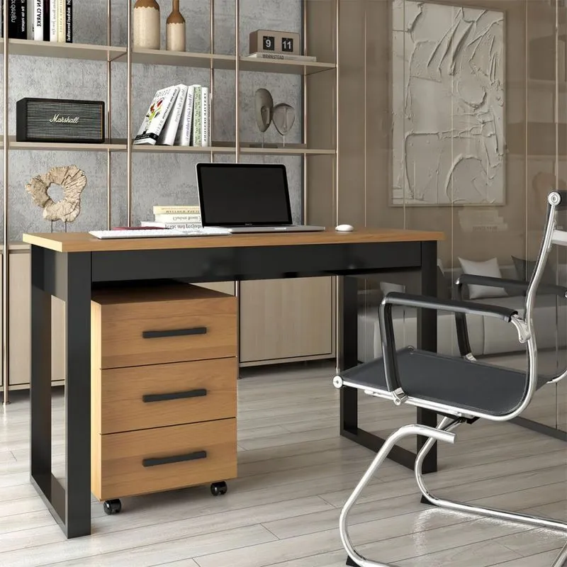 Conjunto Home Office Industrial 100% Mdf Mesa e Gaveteiro Freijó/Preto -