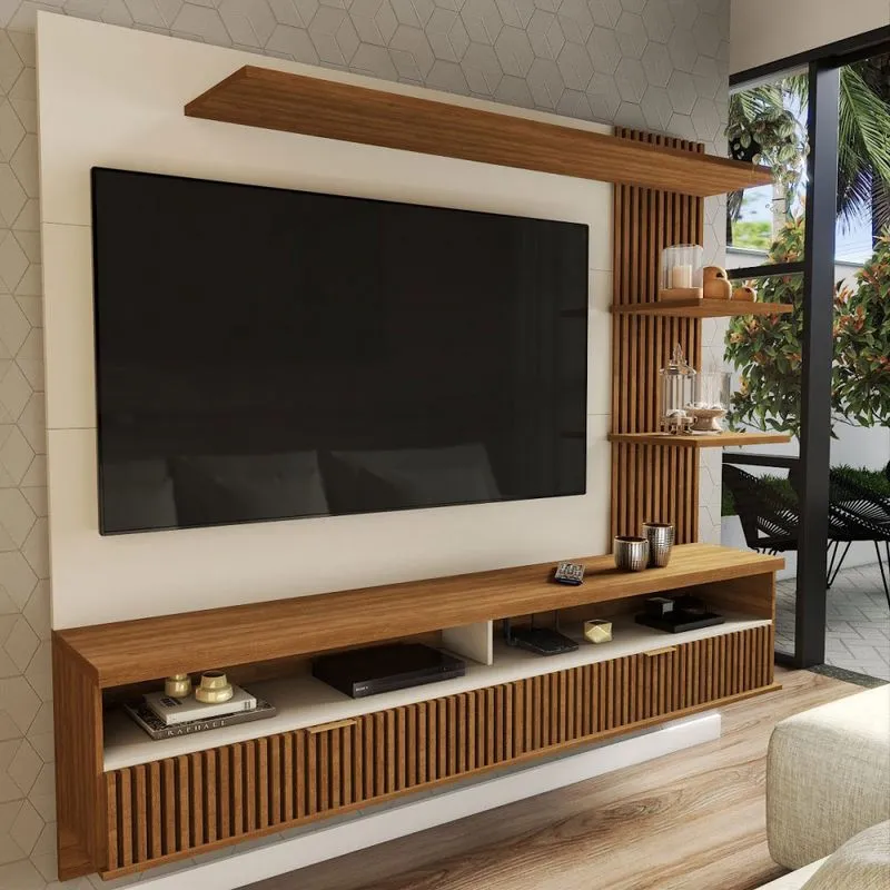 Painel para TV Até 65 Polegadas Ripado 2 Portas Freijó/Off White - Panorama