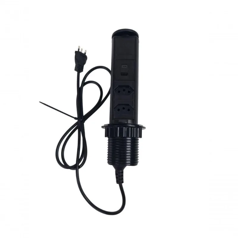Torre De Tomada Retrátil Com 2 Tomadas 20a + 2 Usb - Preto