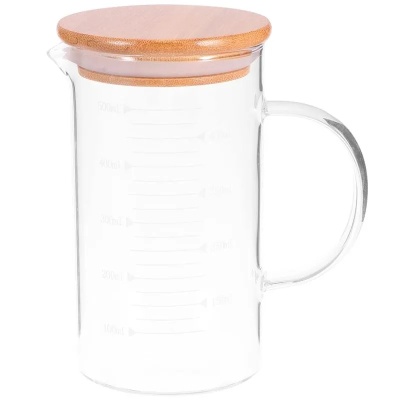 Jarra De Vidro Com Tampa De Bambu 500ml Medida Sucos Leite Água Copo Leiteira Chás Bebidas Borossilicato cristal Barro Suco