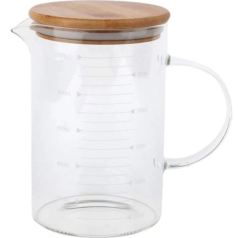 Jarra De Vidro Com Tampa De Bambu 1 Litro Medida Sucos Leite Água Copo Leiteira Chás Bebidas Borossilicato cristal Barro Suco