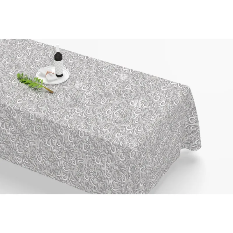 Toalha De Mesa Retangular 12 Lugares Tecido Oxford Arabesco Cinza Prateado TLZ04 - 300x110cm