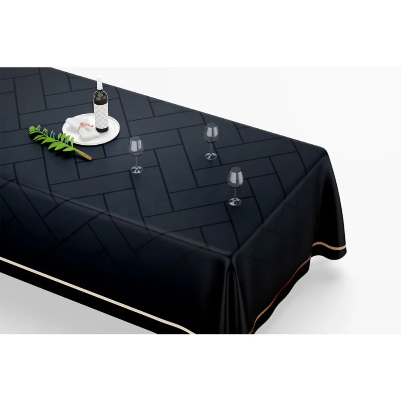Toalha De Mesa Retangular 12 Lugares Tecido Oxford Geométrico Preto Moldura Dourada TLZ08 - 300x110cm