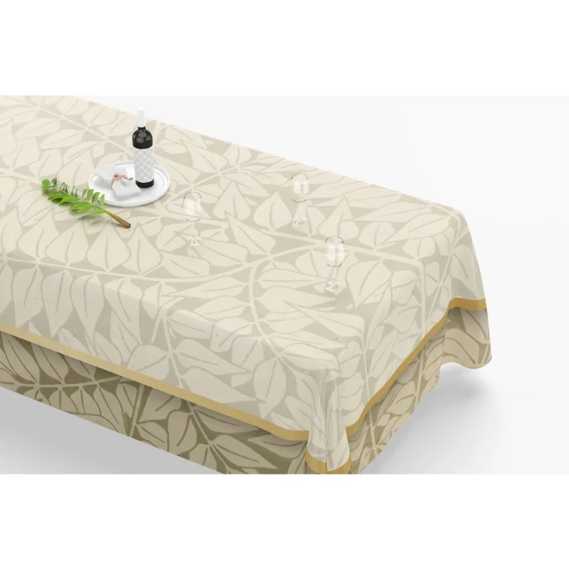 Toalha De Mesa Retangular 12 Lugares Tecido Oxford Folhagem Moldura TLZ11 - 300x110cm