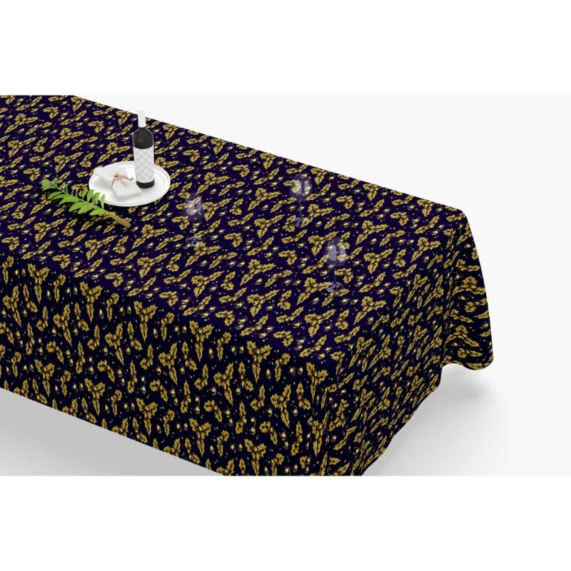 Toalha De Mesa Retangular 12 Lugares Tecido Oxford Natal Dourado Fundo Escuro TLZ13 - 300x110cm