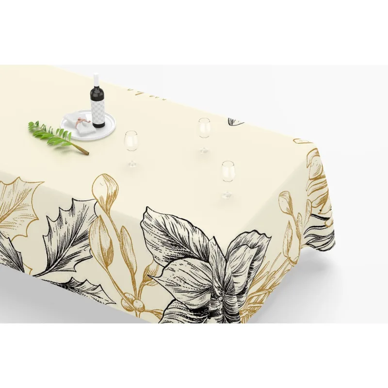 Toalha De Mesa Retangular 12 Lugares Tecido Oxford Flores Grandes Natal Bege e Preto TLZ14 - 300x110cm