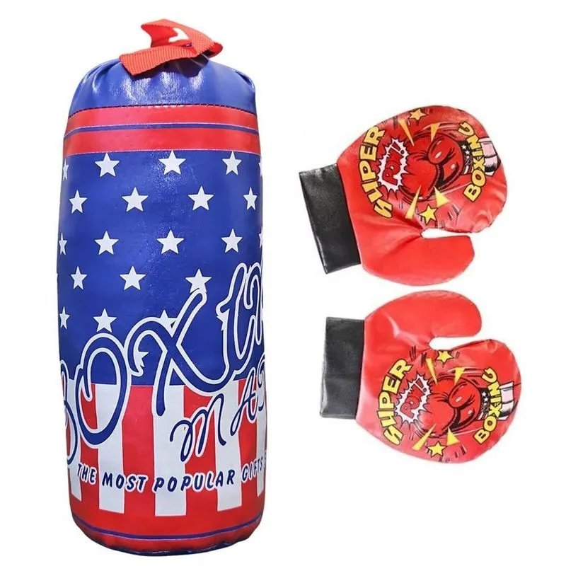Kit Boxe Infantil Saco De Pancada E Luvas Brinquedo Esporte Azul Boxing
