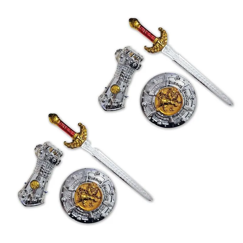 2 Kits Medieval Espada Manopla Luta Escudo Redondo Infantil