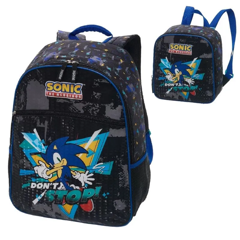 Kit Mochila e Lancheira Escolar Infantil Sonic Don't Stop