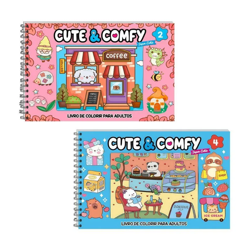 Kit 2 Livro De Colorir Cute &amp; Comfy 02 Azul E 04 Rosa
