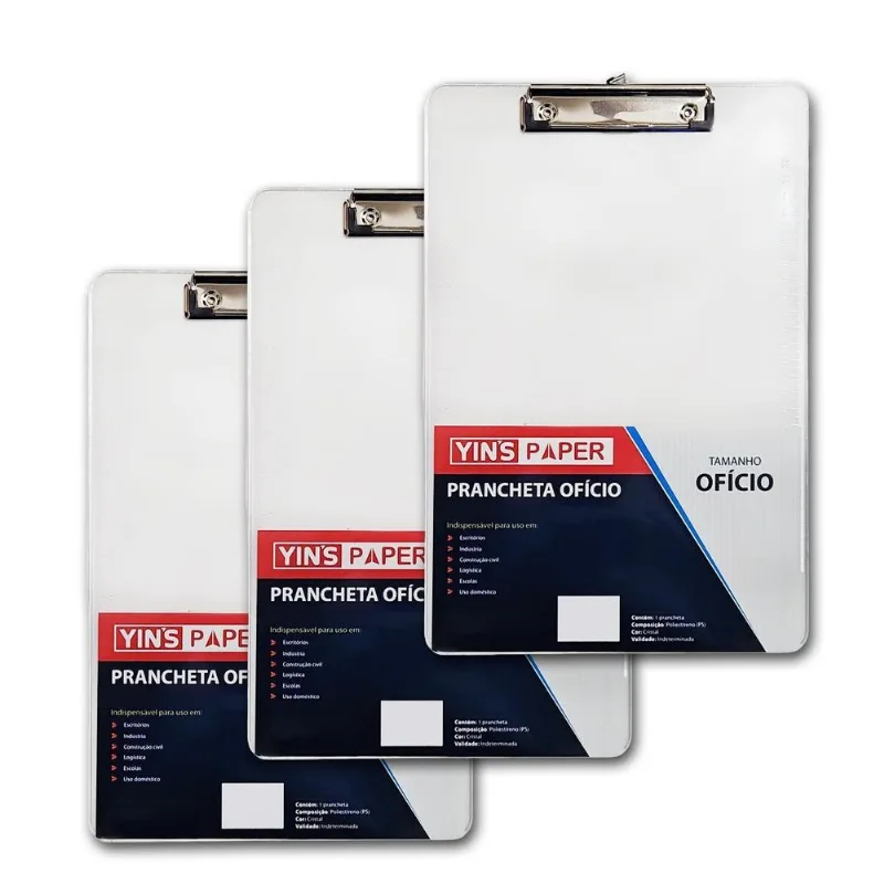 Kit 3 Prancheta Ofício Cristal Transparente Predendor Metal