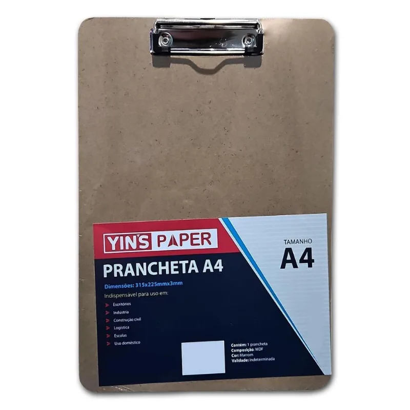 Prancheta De Madeira A4 Mdf Com Predendor Metal 31x22